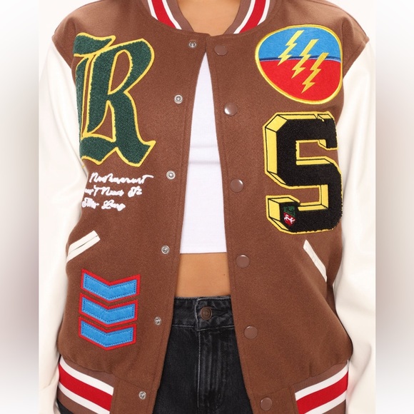 Varsity tan ivory cream faux leather brown S red lining race racing jacket - Picture 2 of 6